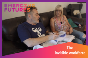 Two people sat on a sofa discussing substance misuse and employment