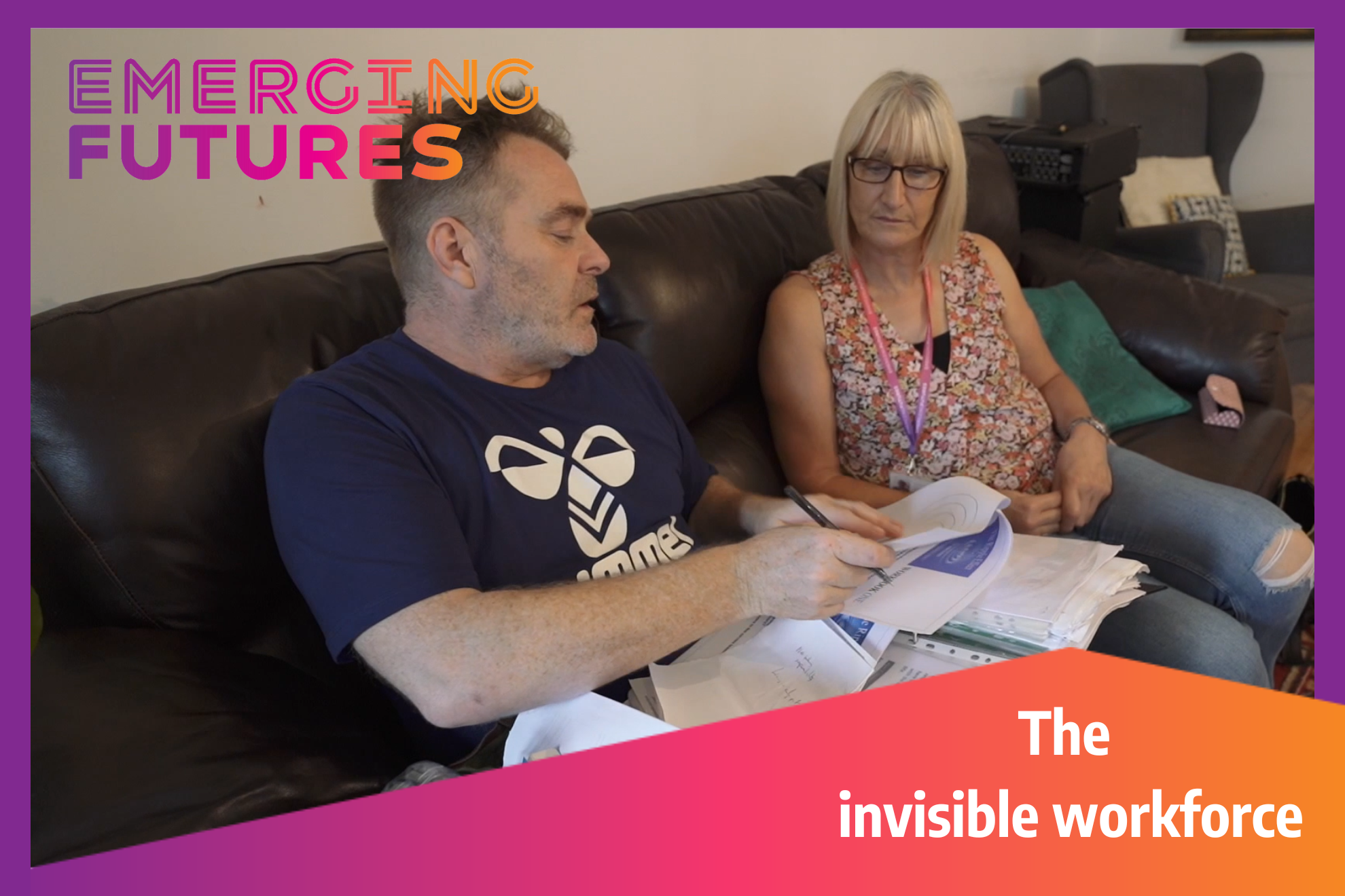 Two people sat on a sofa discussing substance misuse and employment