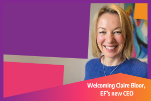Claire Bloor in a blue sweatshirt against a white background with the text "Welcoming Claire Bloor, EF's new CEO"