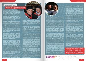 Image shows a two page article on a blue background with images of Dominic and his brother before and after his recovery