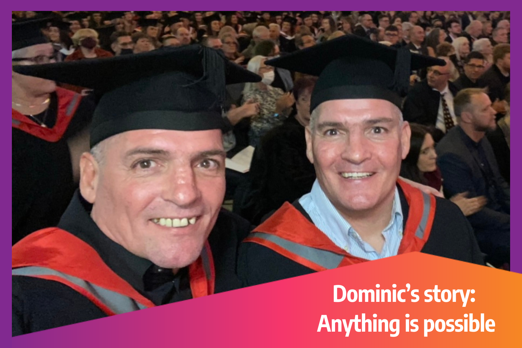 Dominic and his brother wearing graduation gowns and caps.