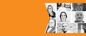 Black and white images of men and women who are our Trustees, set on an orange background.