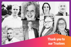 Black and white images of the men and women who are our trustees. Text overlay reads, "Thank you to our Trustees this Trustees' Week."