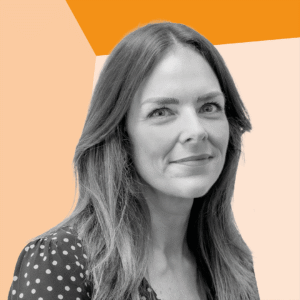 A headshot of Rachel Sweeting against an orange background
