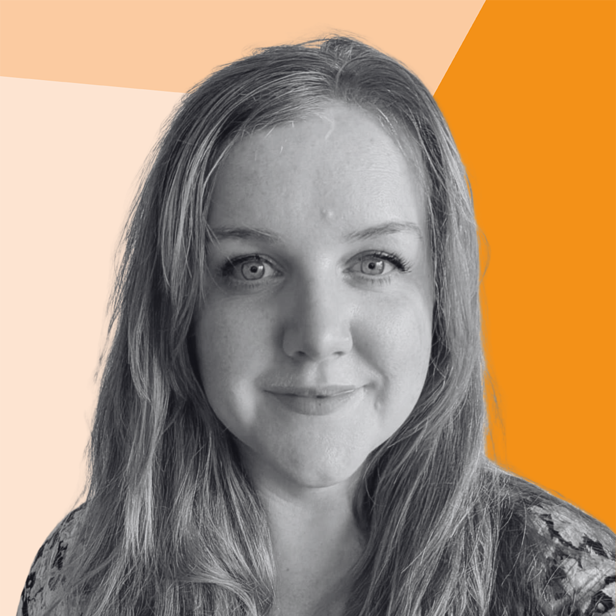 Black-and-white head-and-shoulders portrait of a person with long hair, looking towards the camera, set against a geometric background in shades of cream and orange.